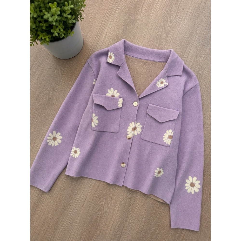 Mystree Lavender Daisy Floral Knit Button Front Cardigan Sweater Purple Large
